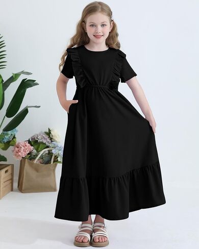Girls Summer Maxi Dress Tween Short Sleeve Ruffle Flowy Tiered Casual Dresses with Pockets for 7-12 Years in Saudi Arabia