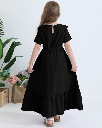 Girls Summer Maxi Dress Tween Short Sleeve Ruffle Flowy Tiered Casual Dresses with Pockets for 7-12 Years in Saudi Arabia
