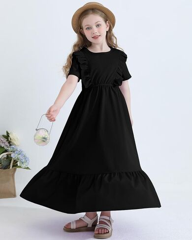 Girls Summer Maxi Dress Tween Short Sleeve Ruffle Flowy Tiered Casual Dresses with Pockets for 7-12 Years in Saudi Arabia