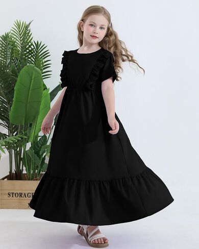 Girls Summer Maxi Dress Tween Short Sleeve Ruffle Flowy Tiered Casual Dresses with Pockets for 7-12 Years in Saudi Arabia