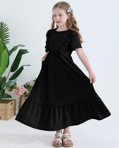 Girls Summer Maxi Dress Tween Short Sleeve Ruffle Flowy Tiered Casual Dresses with Pockets for 7-12 Years in Saudi Arabia