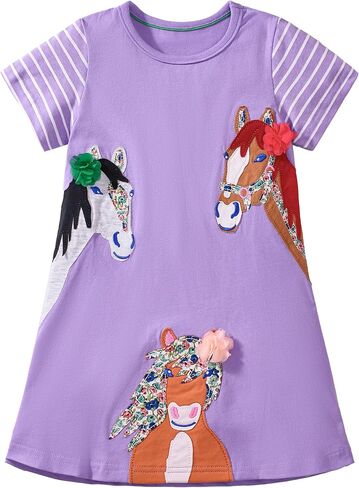 Hongshilian Toddler Girls' Cotton Casual Dress Cartoon Embroidery Applique Basic Short Sleeve Tunic Shirt Dresses in Kuwait