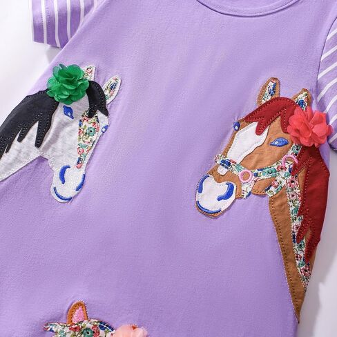 Hongshilian Toddler Girls' Cotton Casual Dress Cartoon Embroidery Applique Basic Short Sleeve Tunic Shirt Dresses in Kuwait