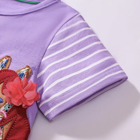Hongshilian Toddler Girls' Cotton Casual Dress Cartoon Embroidery Applique Basic Short Sleeve Tunic Shirt Dresses in Kuwait