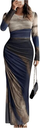 Women's Tie Dye Ruched Long Sleeve Dress Mesh Slim Fit Bodycon Maxi Dresses in Saudi Arabia