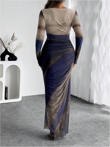 Women's Tie Dye Ruched Long Sleeve Dress Mesh Slim Fit Bodycon Maxi Dresses in Saudi Arabia