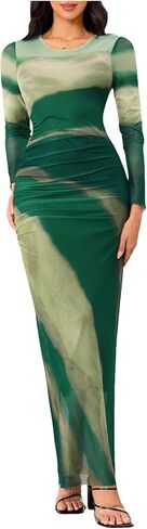 Women's Tie Dye Ruched Long Sleeve Dress Mesh Slim Fit Bodycon Maxi Dresses in Saudi Arabia