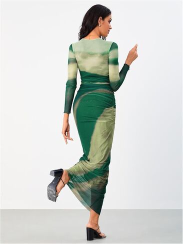 Women's Tie Dye Ruched Long Sleeve Dress Mesh Slim Fit Bodycon Maxi Dresses in Saudi Arabia
