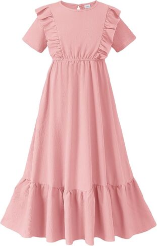 Girls Summer Maxi Dress Tween Short Sleeve Ruffle Flowy Tiered Casual Dresses with Pockets for 7-12 Years in Saudi Arabia