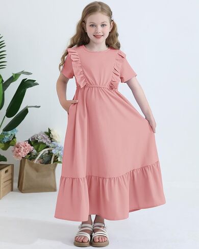 Girls Summer Maxi Dress Tween Short Sleeve Ruffle Flowy Tiered Casual Dresses with Pockets for 7-12 Years in Saudi Arabia