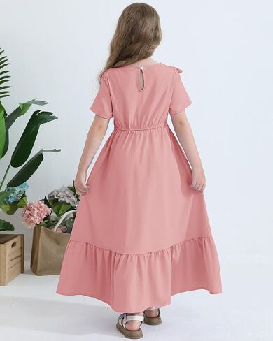 Girls Summer Maxi Dress Tween Short Sleeve Ruffle Flowy Tiered Casual Dresses with Pockets for 7-12 Years in Saudi Arabia