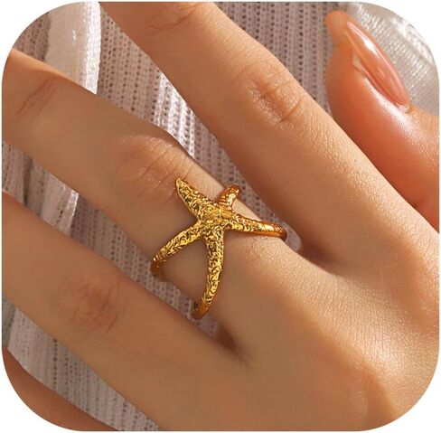 Starfish Statement Ring For Women Stainless Steel Seashell Ring Opening Adjustable Gold Silver Starfish Ring Irregular Beach Rings Summer Beachy Ocean Jewelry Gift in Saudi Arabia
