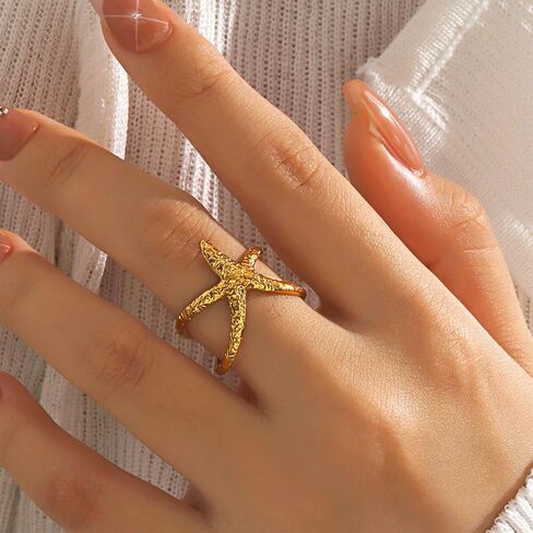 Starfish Statement Ring For Women Stainless Steel Seashell Ring Opening Adjustable Gold Silver Starfish Ring Irregular Beach Rings Summer Beachy Ocean Jewelry Gift in Saudi Arabia