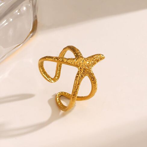 Starfish Statement Ring For Women Stainless Steel Seashell Ring Opening Adjustable Gold Silver Starfish Ring Irregular Beach Rings Summer Beachy Ocean Jewelry Gift in Saudi Arabia