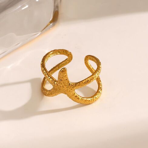 Starfish Statement Ring For Women Stainless Steel Seashell Ring Opening Adjustable Gold Silver Starfish Ring Irregular Beach Rings Summer Beachy Ocean Jewelry Gift in Saudi Arabia