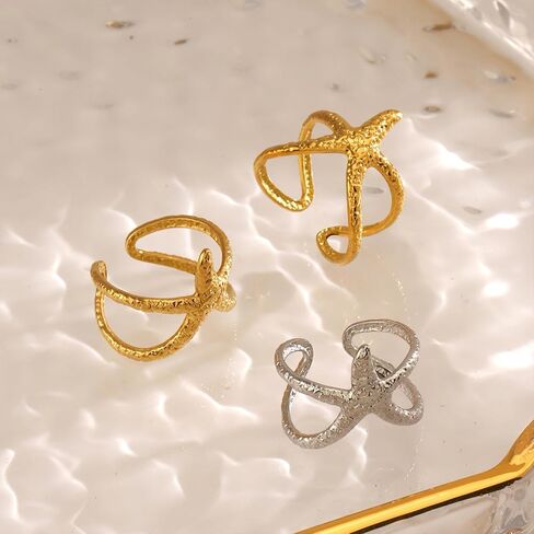 Starfish Statement Ring For Women Stainless Steel Seashell Ring Opening Adjustable Gold Silver Starfish Ring Irregular Beach Rings Summer Beachy Ocean Jewelry Gift in Saudi Arabia