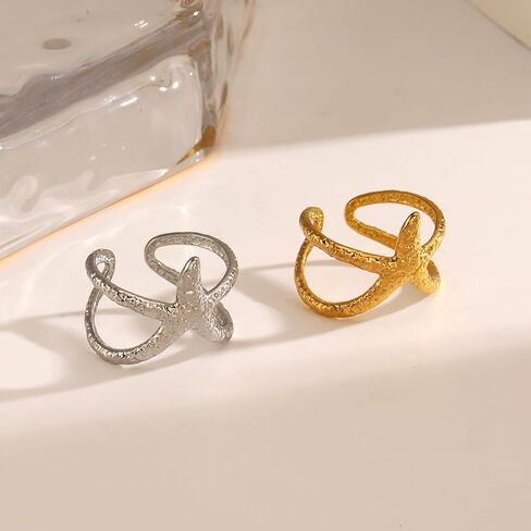 Starfish Statement Ring For Women Stainless Steel Seashell Ring Opening Adjustable Gold Silver Starfish Ring Irregular Beach Rings Summer Beachy Ocean Jewelry Gift in Saudi Arabia