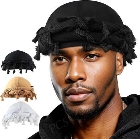 Babalet Halo Turban for Men Women Satin Lined Durag Head Wraps Skull Cap Pre-Tied Tassels Braid Beanie Vintage Twist Bonnet in Kuwait