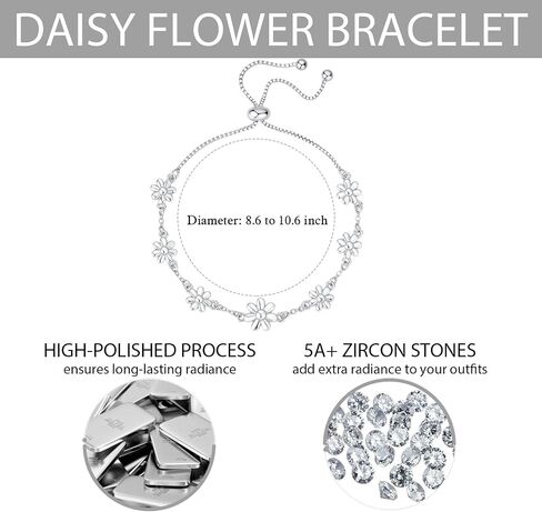 Sliver Bracelets for Women, Dainty Flower Bracelet Adjustable Cute Daisy Charm Adjustable Sparkly Rhinestone Chain Bracelet Trendy Jewelry Gift for Birthday Anniversary Christmas in Saudi Arabia