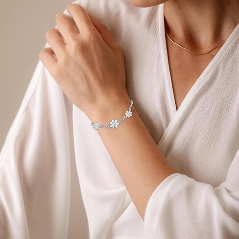 Sliver Bracelets for Women, Dainty Flower Bracelet Adjustable Cute Daisy Charm Adjustable Sparkly Rhinestone Chain Bracelet Trendy Jewelry Gift for Birthday Anniversary Christmas in Saudi Arabia