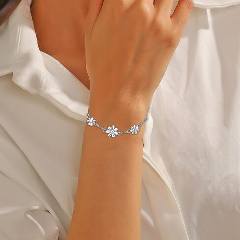 Sliver Bracelets for Women, Dainty Flower Bracelet Adjustable Cute Daisy Charm Adjustable Sparkly Rhinestone Chain Bracelet Trendy Jewelry Gift for Birthday Anniversary Christmas in Saudi Arabia