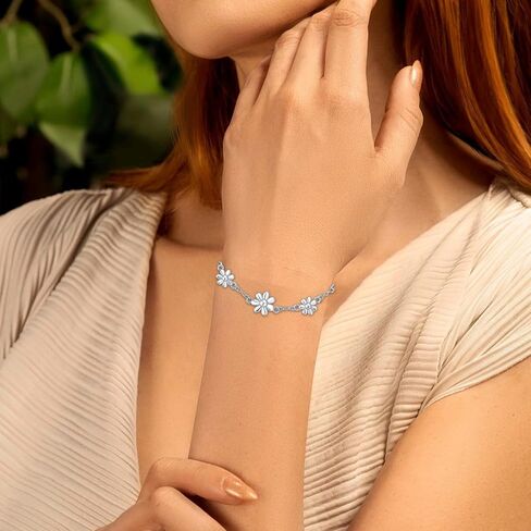 Sliver Bracelets for Women, Dainty Flower Bracelet Adjustable Cute Daisy Charm Adjustable Sparkly Rhinestone Chain Bracelet Trendy Jewelry Gift for Birthday Anniversary Christmas in Saudi Arabia