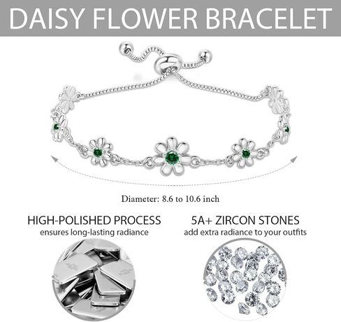 Sliver Bracelets for Women, Dainty Flower Bracelet Adjustable Cute Daisy Charm Adjustable Sparkly Rhinestone Chain Bracelet Trendy Jewelry Gift for Birthday Anniversary Christmas in Saudi Arabia