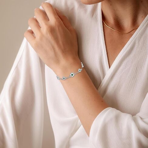 Sliver Bracelets for Women, Dainty Flower Bracelet Adjustable Cute Daisy Charm Adjustable Sparkly Rhinestone Chain Bracelet Trendy Jewelry Gift for Birthday Anniversary Christmas in Saudi Arabia