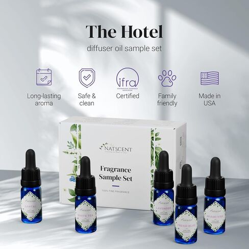 The Hotel Fragrance Oil Set, Fragrance Oils for Diffusers for Home, Hotel Collection Diffuser Oil Set with Santal, White Tea, Fresh Blue, Lavender, Miami Vibe, 5 x 0.33oz in Kuwait
