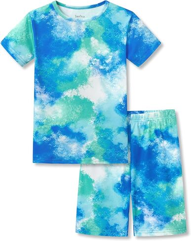 Beezizac Little Big Boys Pajamas Tie Dye Blue & Yellow 2-PC Snug-fit Comfy Short Sleeve PJ Set Kid Summer Size 4T-14 in Saudi Arabia