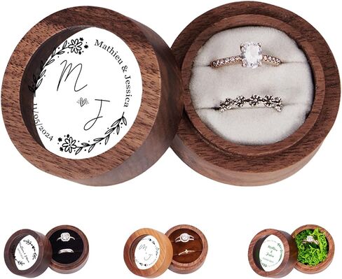 Wedding Ring Box Personalized, Mr. &Mrs. Double Ring Boxes for Ceremony, Engagement, Wooden Mini Round Ring Holder Elegant and Retro Ring Holder Box/Organizer in Saudi Arabia
