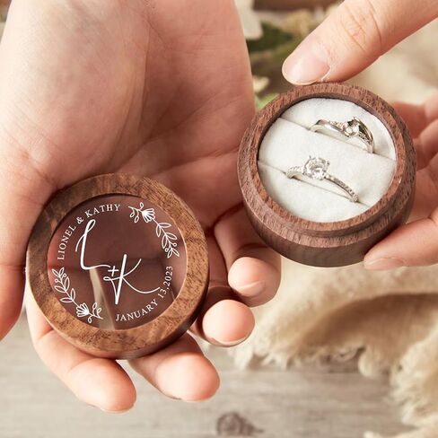Wedding Ring Box Personalized, Mr. &Mrs. Double Ring Boxes for Ceremony, Engagement, Wooden Mini Round Ring Holder Elegant and Retro Ring Holder Box/Organizer in Saudi Arabia