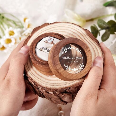 Wedding Ring Box Personalized, Mr. &Mrs. Double Ring Boxes for Ceremony, Engagement, Wooden Mini Round Ring Holder Elegant and Retro Ring Holder Box/Organizer in Saudi Arabia