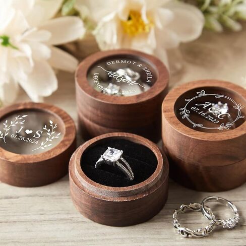 Wedding Ring Box Personalized, Mr. &Mrs. Double Ring Boxes for Ceremony, Engagement, Wooden Mini Round Ring Holder Elegant and Retro Ring Holder Box/Organizer in Saudi Arabia