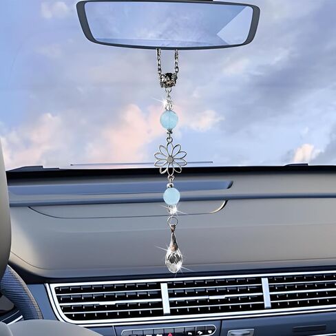 Mandark Car Rear View Mirror Flower Charm, Crystal Vehicle Mirror Decoration Hanging Pendant, Cute Citrine Auto Sun Catcher Window Ornament Hanger Accessories, Universal for Most Cars (Pink) in Saudi Arabia