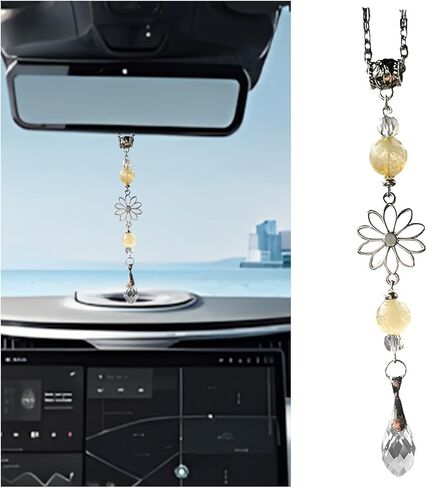 Mandark Car Rear View Mirror Flower Charm, Crystal Vehicle Mirror Decoration Hanging Pendant, Cute Citrine Auto Sun Catcher Window Ornament Hanger Accessories, Universal for Most Cars (Pink) in Saudi Arabia