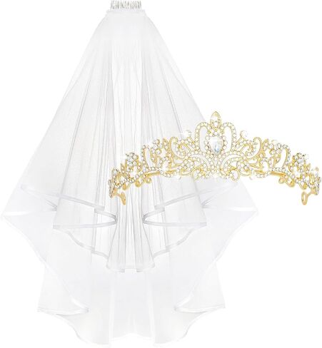 Yariew Gold Crown + مجموعة حجاب العروس ، وحدات الحفلات الزفاف الزفاف Tiara ، وديكورات دش الزفاف ، وعروس عقال الحجاب ، البكالوريوس ، حفل زفاف ، هدية عريس دش دش يوم ، للنساء والبنات in Saudi Arabia