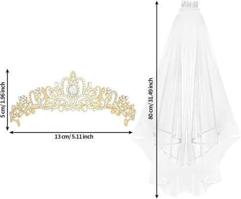 Yariew Gold Crown + مجموعة حجاب العروس ، وحدات الحفلات الزفاف الزفاف Tiara ، وديكورات دش الزفاف ، وعروس عقال الحجاب ، البكالوريوس ، حفل زفاف ، هدية عريس دش دش يوم ، للنساء والبنات in Saudi Arabia