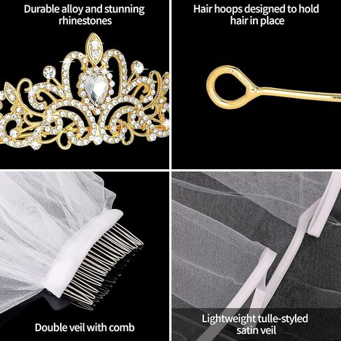 Yariew Gold Crown + مجموعة حجاب العروس ، وحدات الحفلات الزفاف الزفاف Tiara ، وديكورات دش الزفاف ، وعروس عقال الحجاب ، البكالوريوس ، حفل زفاف ، هدية عريس دش دش يوم ، للنساء والبنات in Saudi Arabia