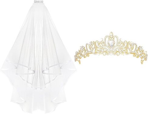 Yariew Gold Crown + مجموعة حجاب العروس ، وحدات الحفلات الزفاف الزفاف Tiara ، وديكورات دش الزفاف ، وعروس عقال الحجاب ، البكالوريوس ، حفل زفاف ، هدية عريس دش دش يوم ، للنساء والبنات in Saudi Arabia
