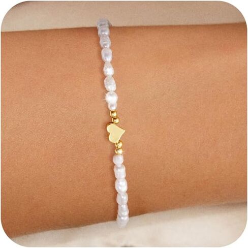Gold Bracelets for Women,14K Gold Plated Trendy Heart Pearl Bracelet Stackable Waterproof Dainty Bracelets Jewelry Gift for Women in Saudi Arabia