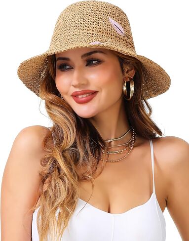 LA CARRIE Womens Sun Hat Floppy Packable Wide Brim UV Protection UPF 50+ Straw Hat with Embroidery for Summer Beach in Saudi Arabia