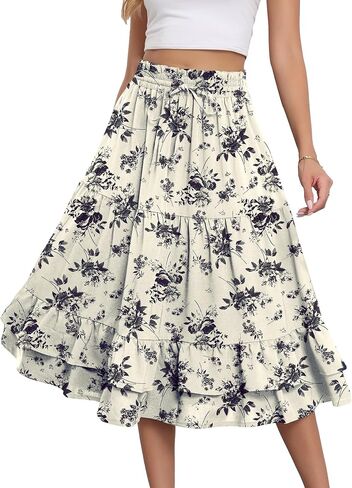 LOUSGUTA Women's Midi Skirt Flowy Layered Ruffle Tiered High Elastic Waist Casual Skirts with Pockets in Saudi Arabia