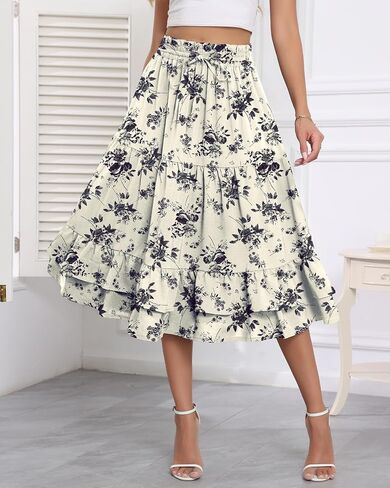 LOUSGUTA Women's Midi Skirt Flowy Layered Ruffle Tiered High Elastic Waist Casual Skirts with Pockets in Saudi Arabia