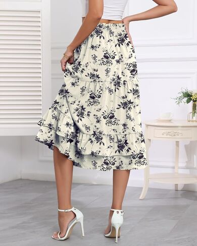 LOUSGUTA Women's Midi Skirt Flowy Layered Ruffle Tiered High Elastic Waist Casual Skirts with Pockets in Saudi Arabia