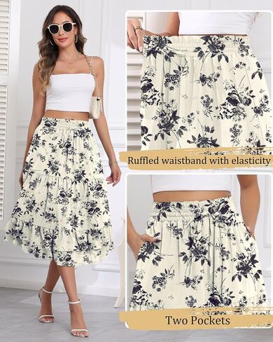 LOUSGUTA Women's Midi Skirt Flowy Layered Ruffle Tiered High Elastic Waist Casual Skirts with Pockets in Saudi Arabia