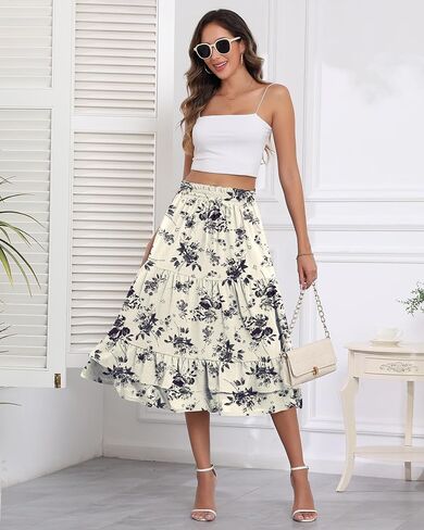 LOUSGUTA Women's Midi Skirt Flowy Layered Ruffle Tiered High Elastic Waist Casual Skirts with Pockets in Saudi Arabia
