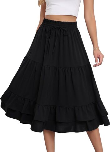 LOUSGUTA Women's Midi Skirt Flowy Layered Ruffle Tiered High Elastic Waist Casual Skirts with Pockets in Saudi Arabia