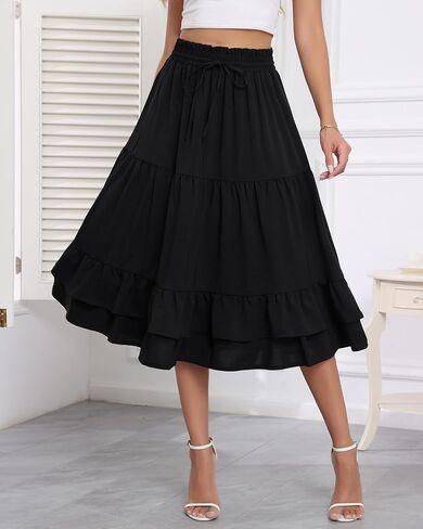 LOUSGUTA Women's Midi Skirt Flowy Layered Ruffle Tiered High Elastic Waist Casual Skirts with Pockets in Saudi Arabia