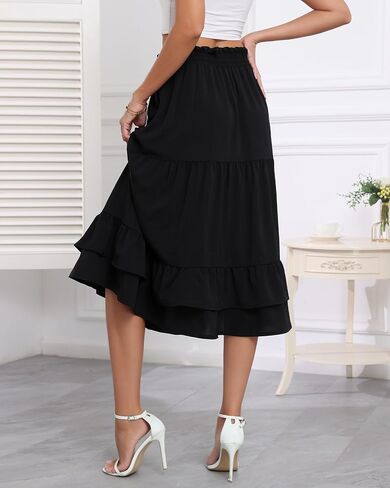 LOUSGUTA Women's Midi Skirt Flowy Layered Ruffle Tiered High Elastic Waist Casual Skirts with Pockets in Saudi Arabia